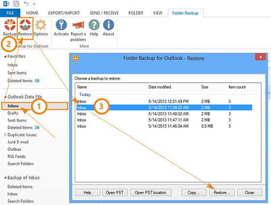 Restore Outlook folder to a previous state